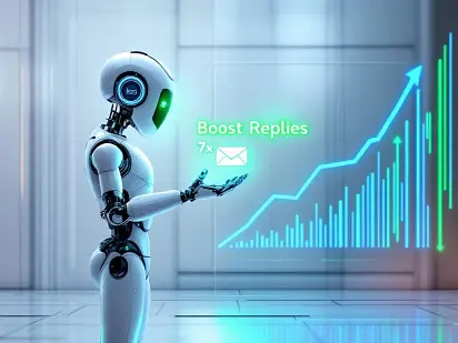 Robot con IA junto a un gráfico de respuestas de email en aumento
