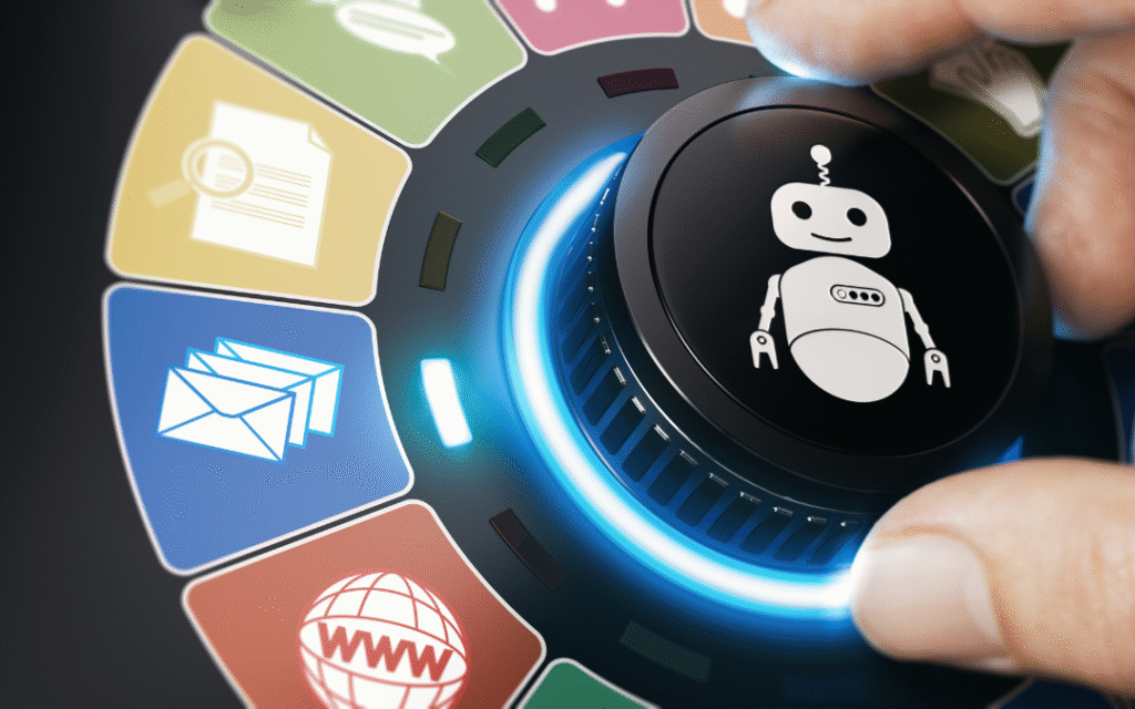 Mano girando un mando con un icono de robot rodeado de iconos de procesos digitales