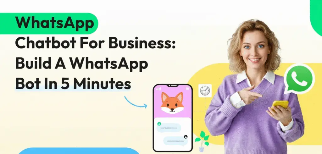 Chatbot de WhatsApp para empresas: mujer sonriente señalando un móvil con una conversación automatizada