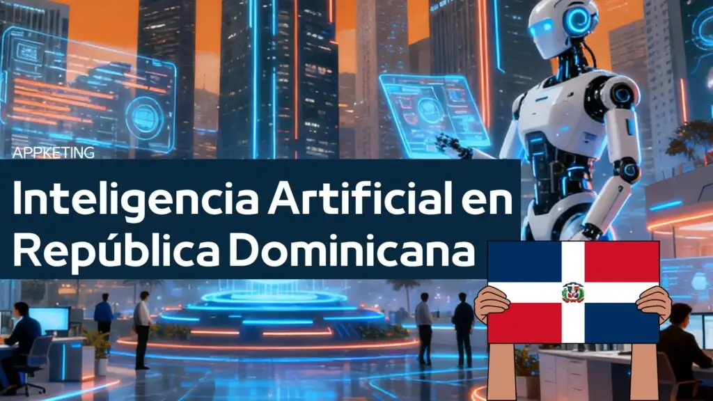 Robot junto al texto «Inteligencia Artificial en República Dominicana» y la bandera dominicana