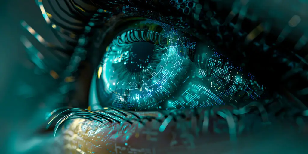 Primer plano de un ojo con reflejos digitales, símbolo de la inteligencia artificial
